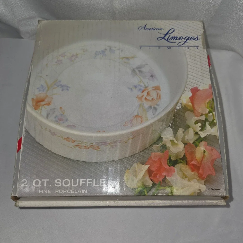 American‎ Limoges Flowers 2 Qt Souffle Dish Fine Porcelain Floral Made in Japan